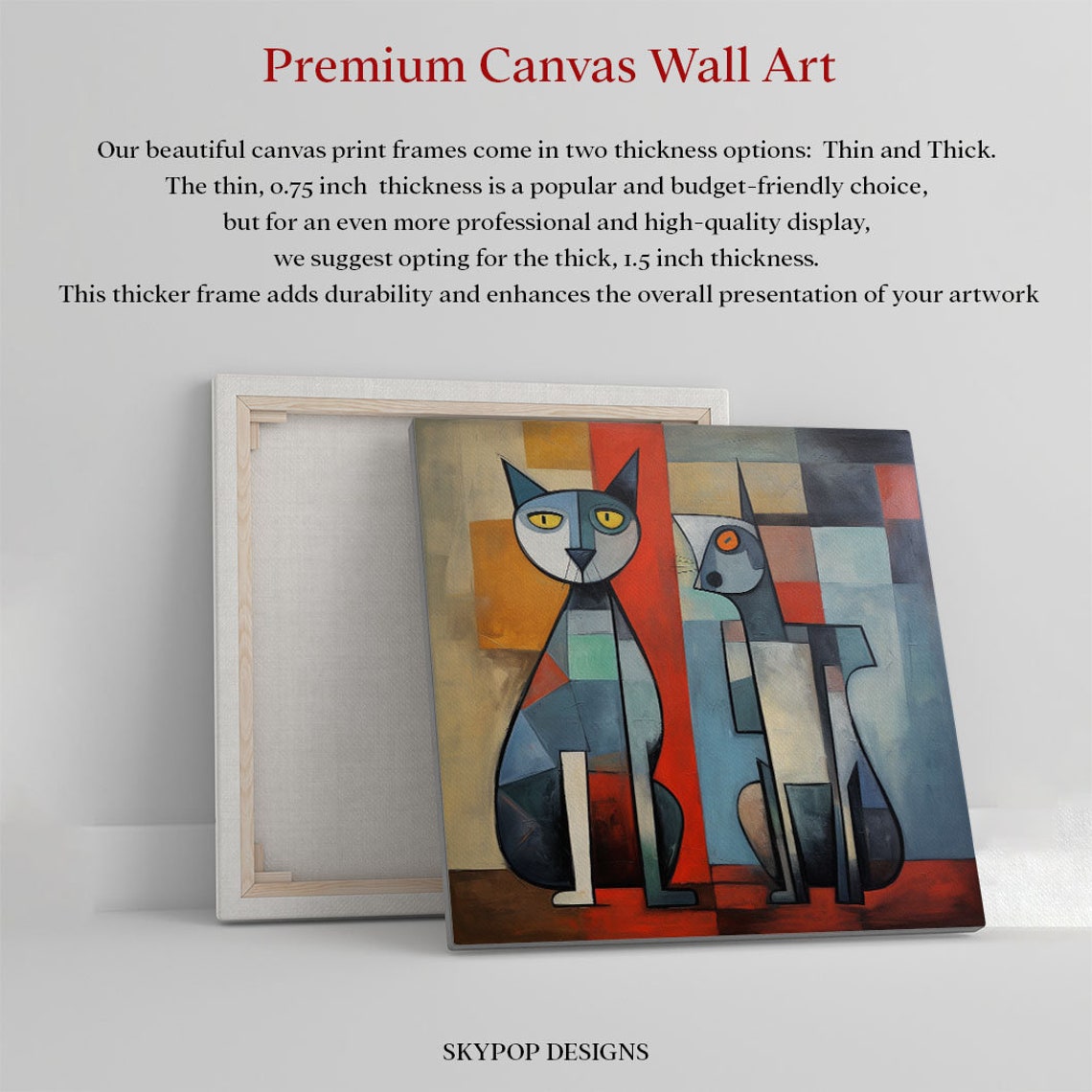 Two Cubist Cats Sitting Abstract Geometric Gray Blue Red Feline Poster - Image 2