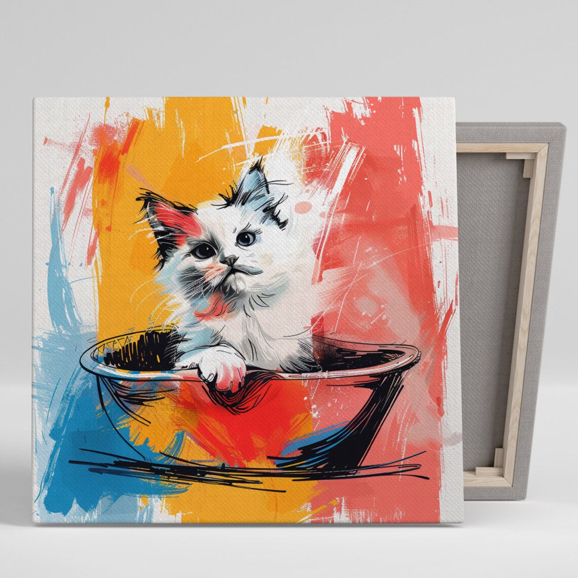 Colorful Kitten in a Bowl, Modern Minimalist Art Print