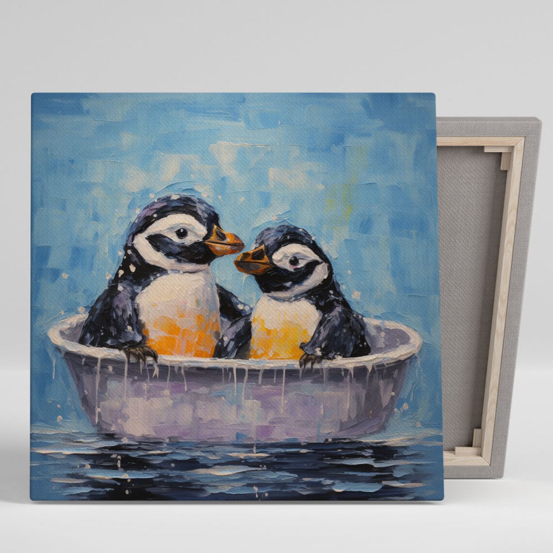 Two Penguins In Bathtub Art Print, Bathroom Decor