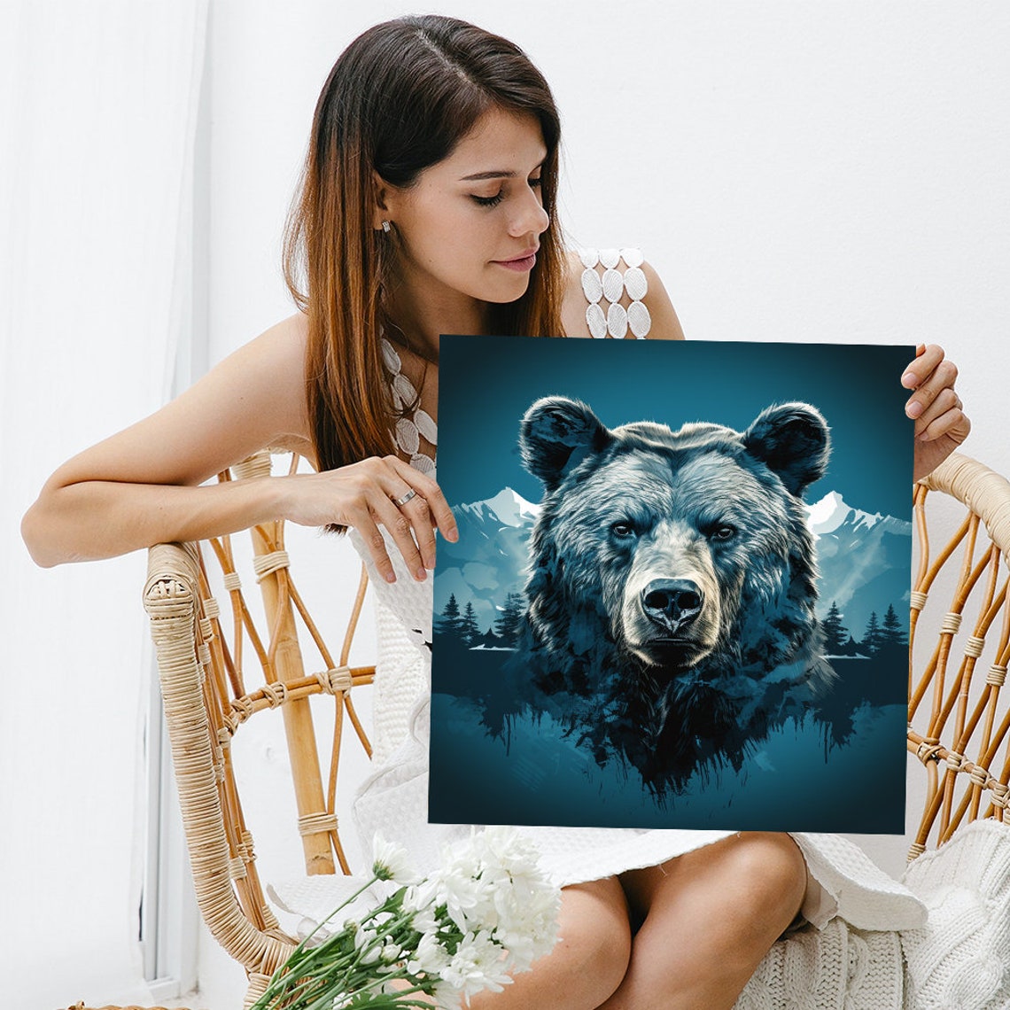 Grizzly Bear Face Mountain Forest Silhouette Moody Blue Nature Poster - Image 3