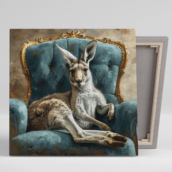 Kangaroo Lounging In Teal Victorian Armchair Painterly Art Poster