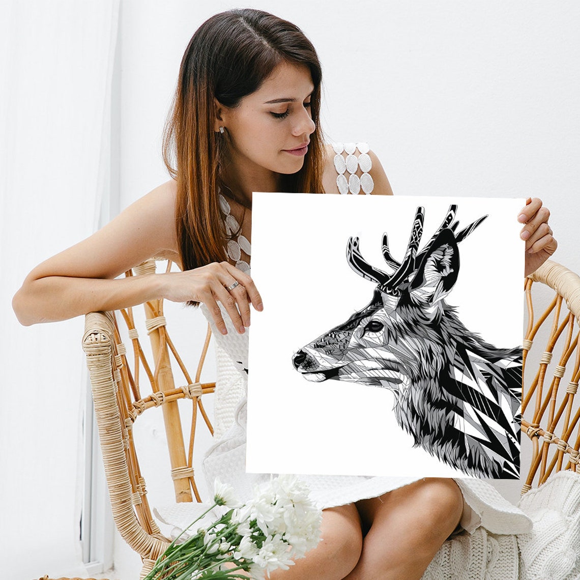 Geometric Black and White Stag Profile Modern Line Art Wall Poster - Image 3
