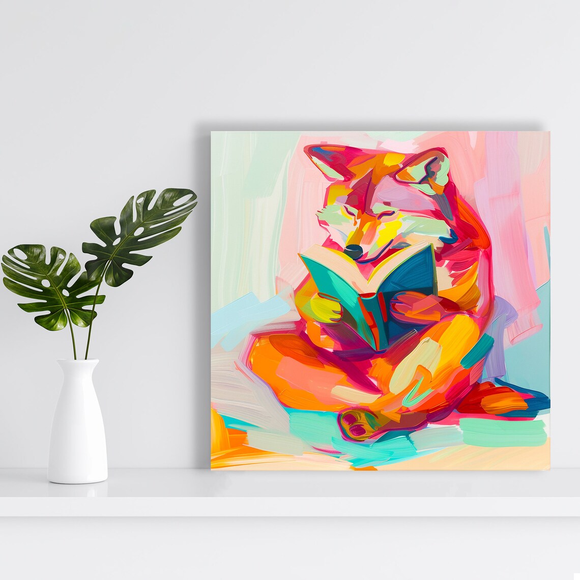 Colorful Fox Reading Book Joyful Abstract Nursery Library Wall Art Poster - Image 2
