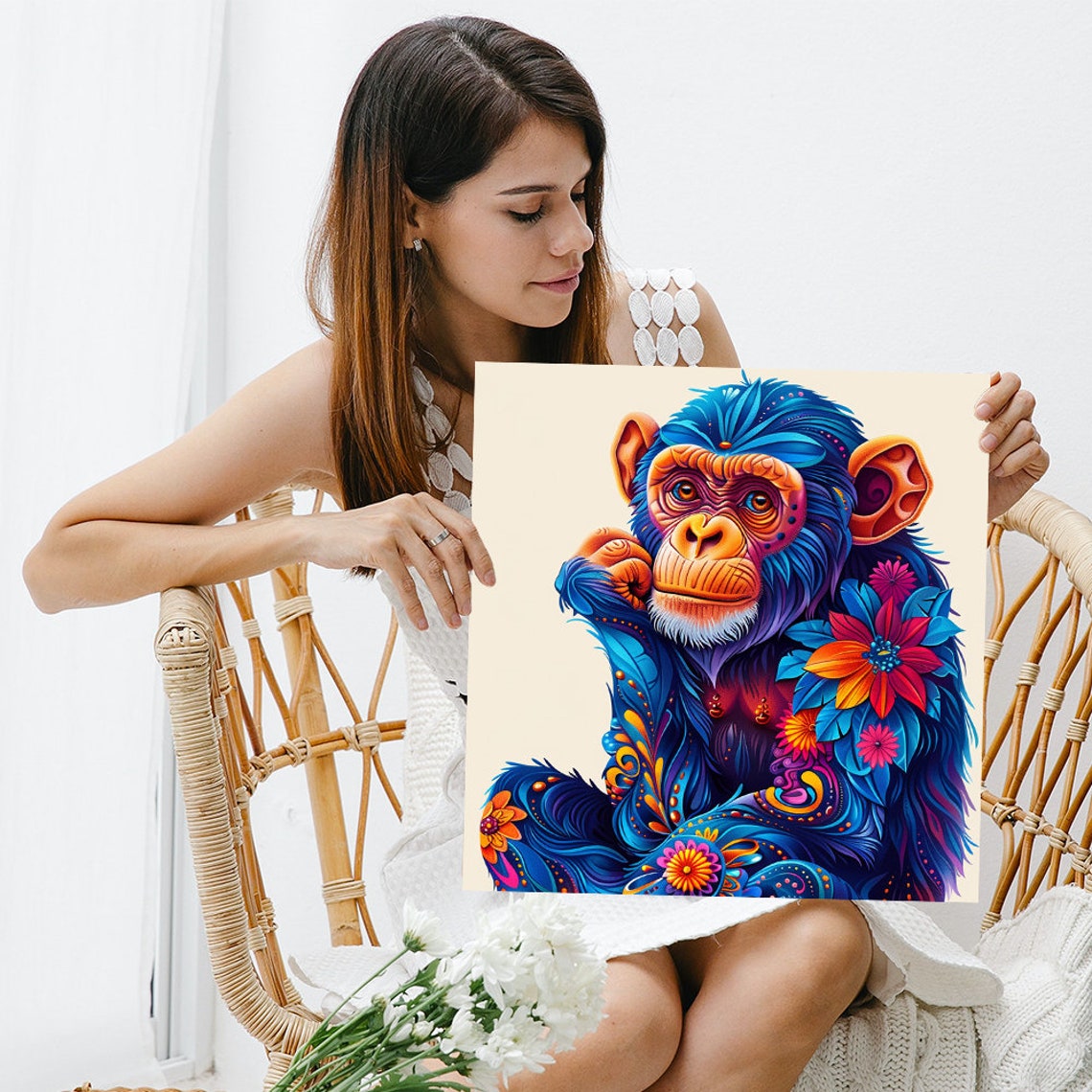 Colorful Chimpanzee Floral Pattern Blue Boho Animal Art Poster - Image 3