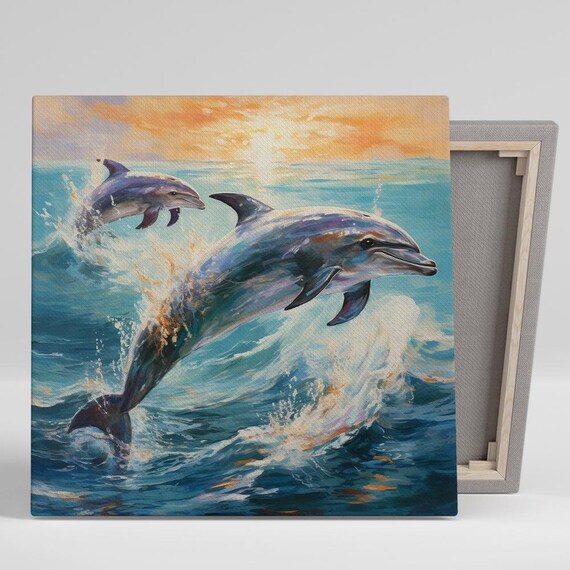 Dolphin Oceanic Harmony Dance Art Or Poster Coastal Modern Minimalist Decor Living Room Bedroom Office Wall Art Blue Orange White