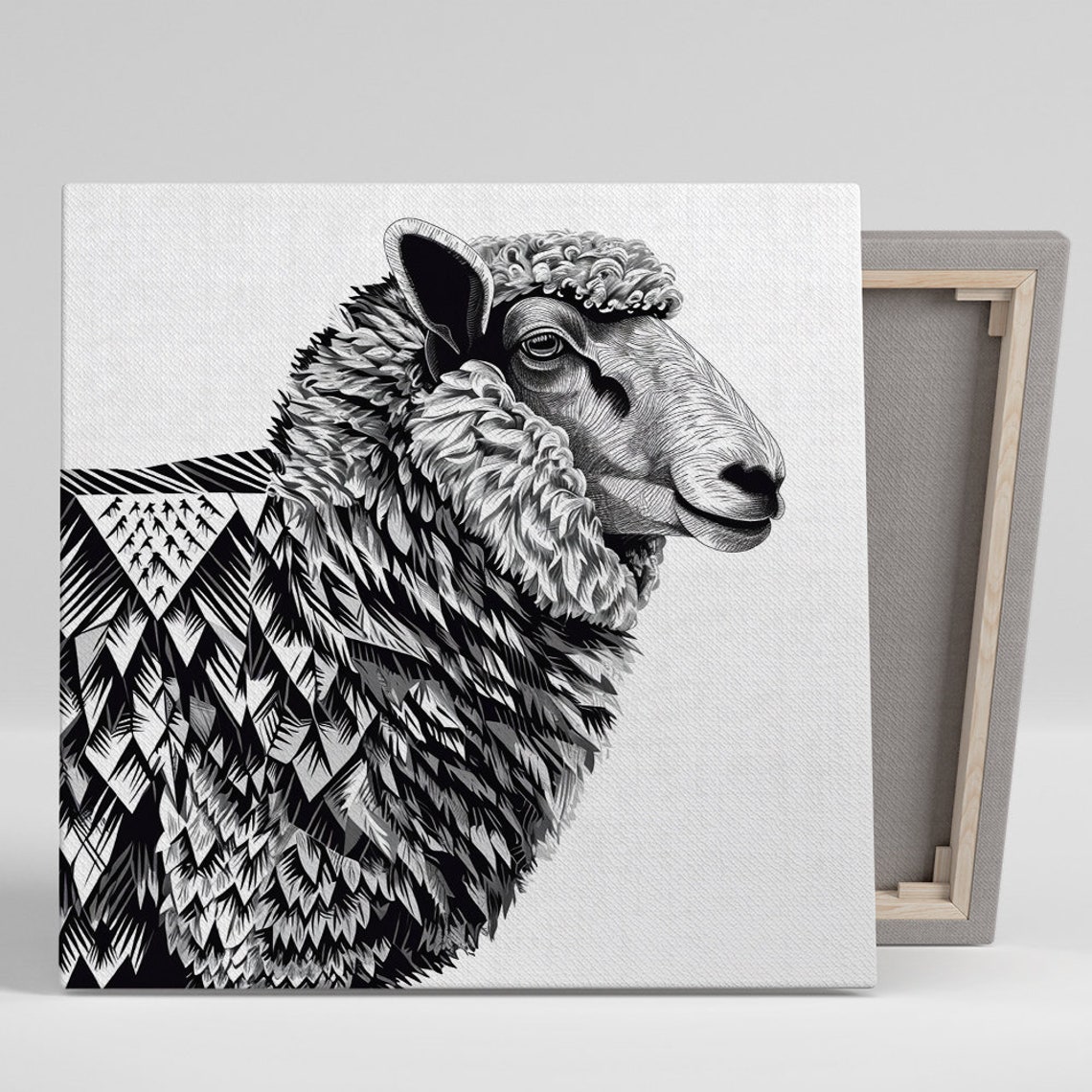 Geometric Sheep Portrait Black White Modern Animal Wall Art Print