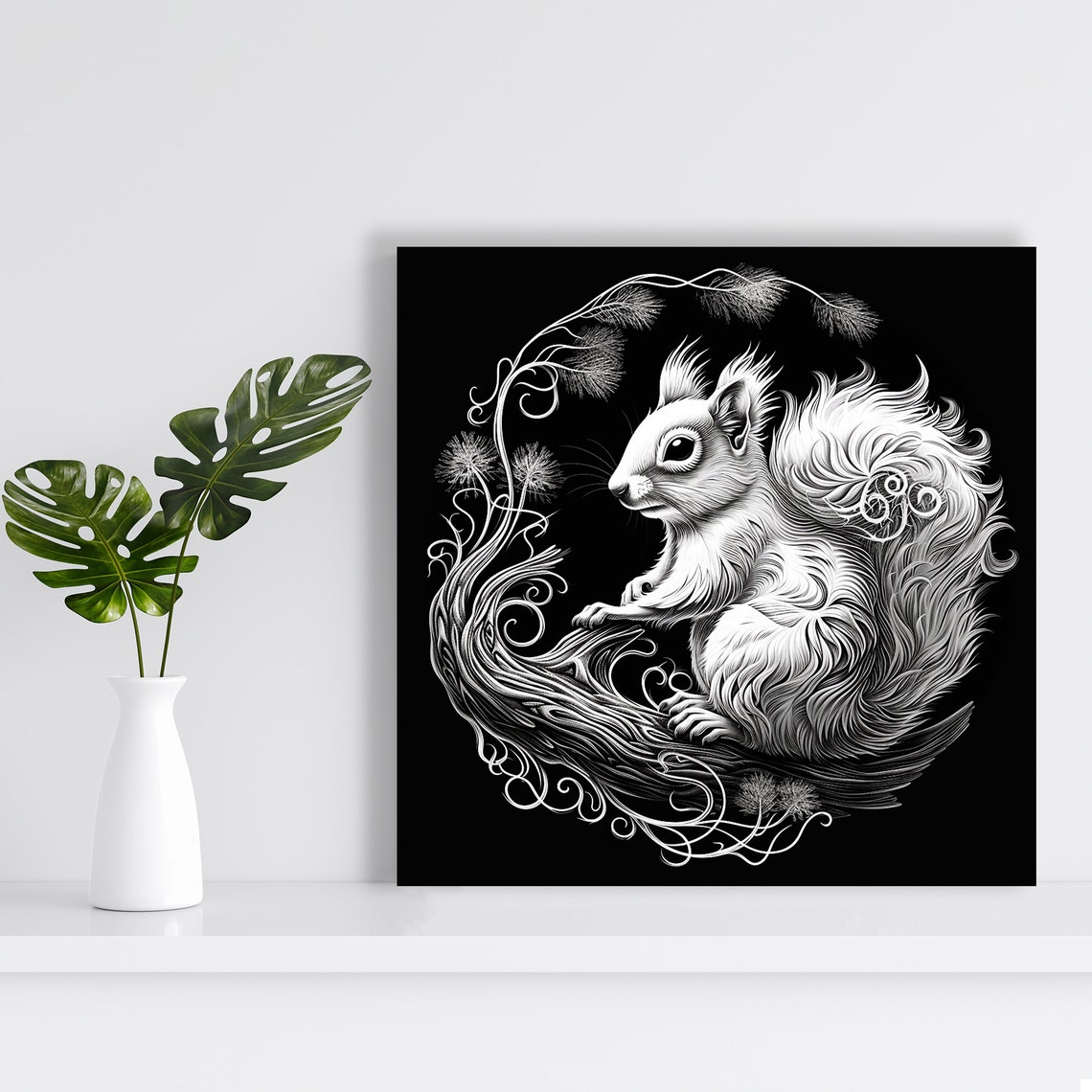 White Squirrel Line Art on Black Whimsical Forest Creature Wall Poster - Image 2