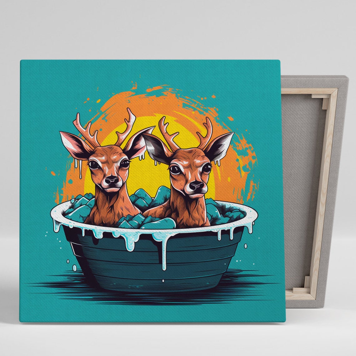 Two Deer Bubble Bath Wash Tub Teal Orange Sunset Fun Wall Art