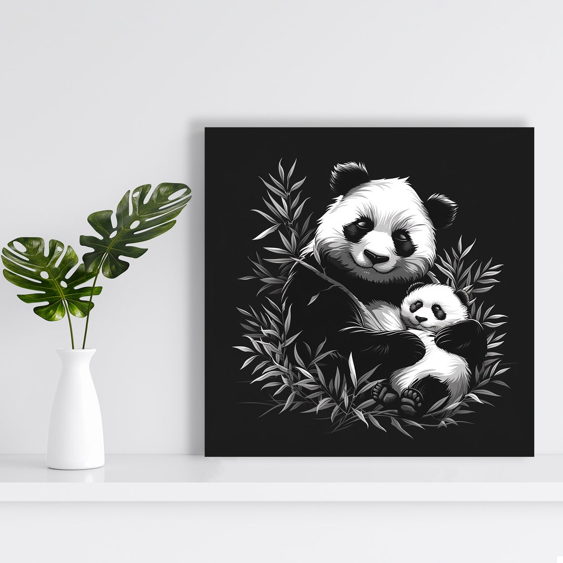 Panda Mother Hugging Cub Bamboo Black White Nature Wall Poster - Image 2