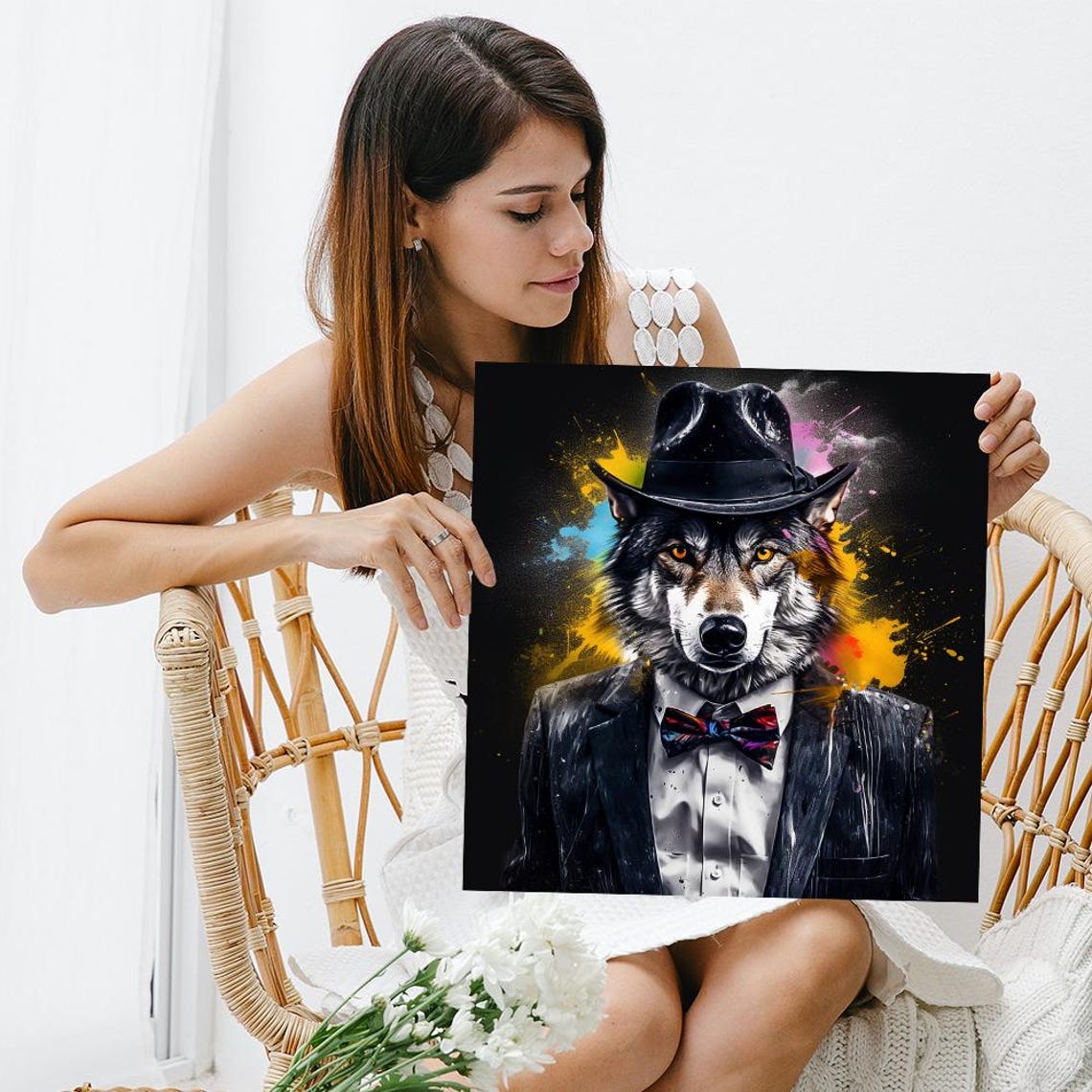Dapper Wolf Suit Fedora Bow Tie Black Background Glam Animal Poster - Image 3