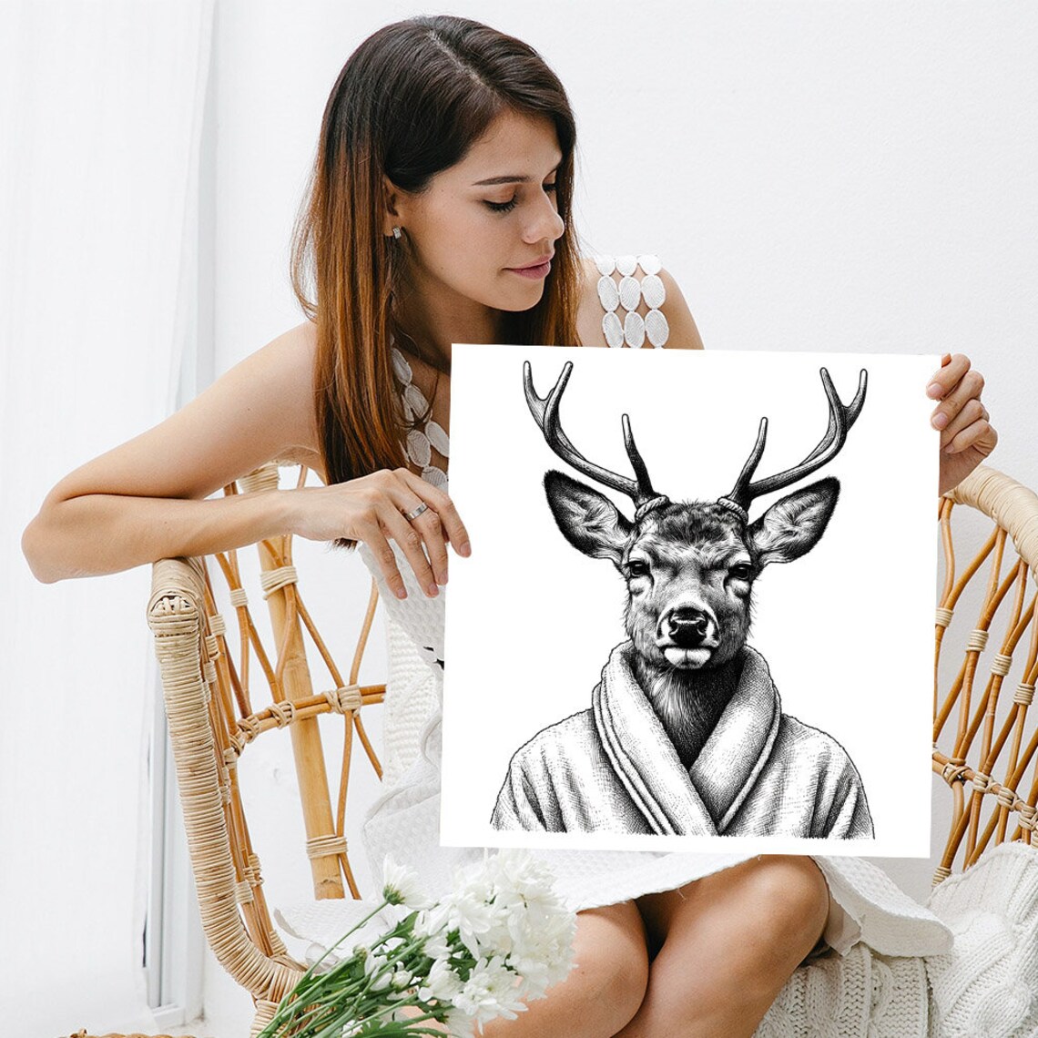 Deer With Antlers Wearing A Bathrobe Black And White Engraving Style Poster - Image 5