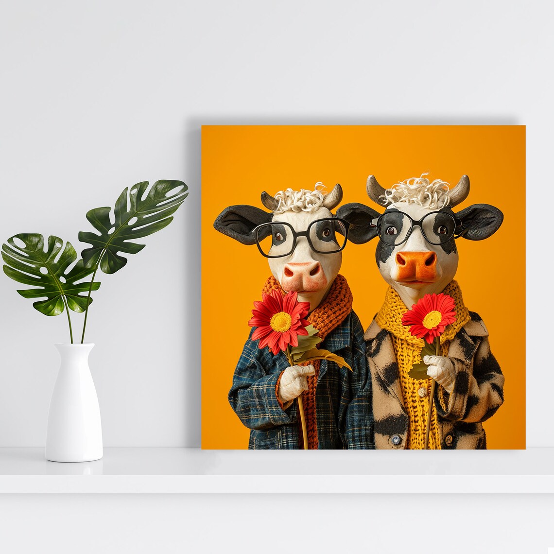 Quirky Cow Couple In Glasses Holding Red Flowers Orange Fall Poster - Image 2