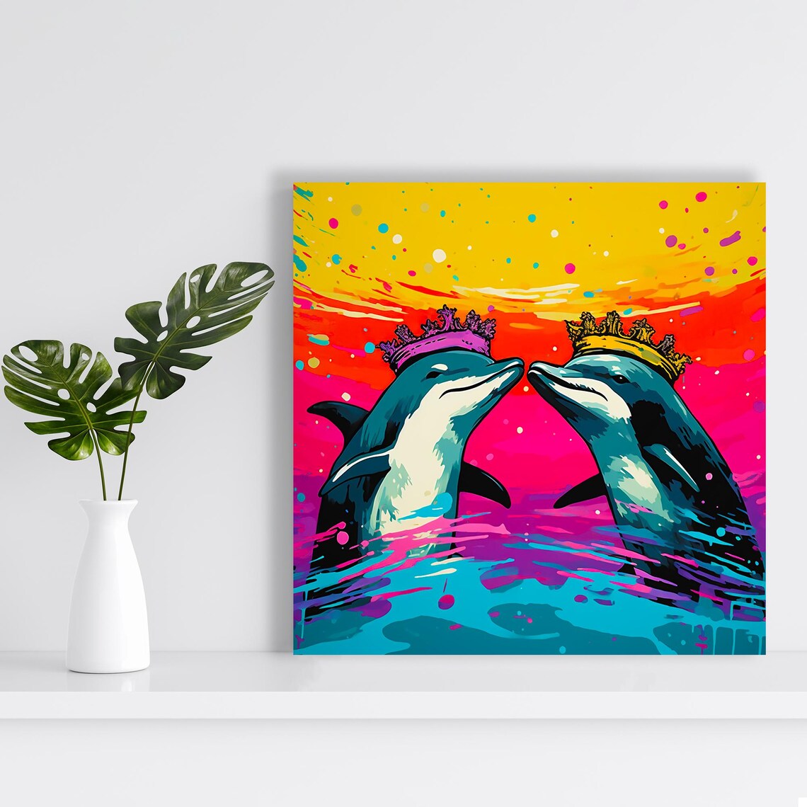 Royal Crowned Dolphins Kissing Colorful Sunset Pop Art Animal Poster - Image 2