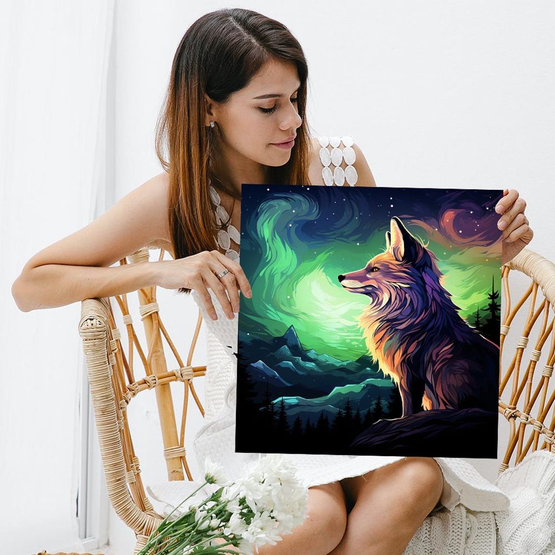 Wolf Gazing At Northern Lights Aurora Over Mountain Peaks Poster - Image 3