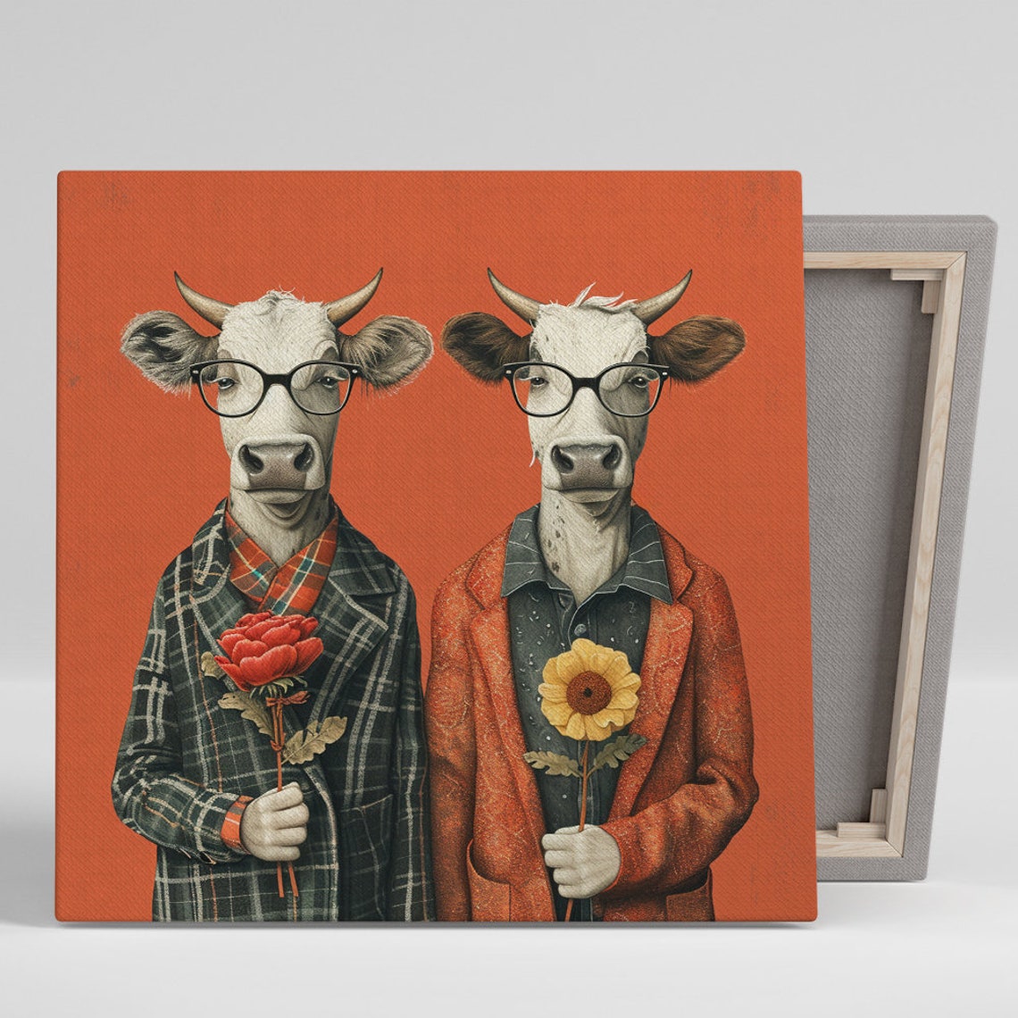 Hipster Cow Couple Glasses Blazers Holding Flowers Retro Orange Poster