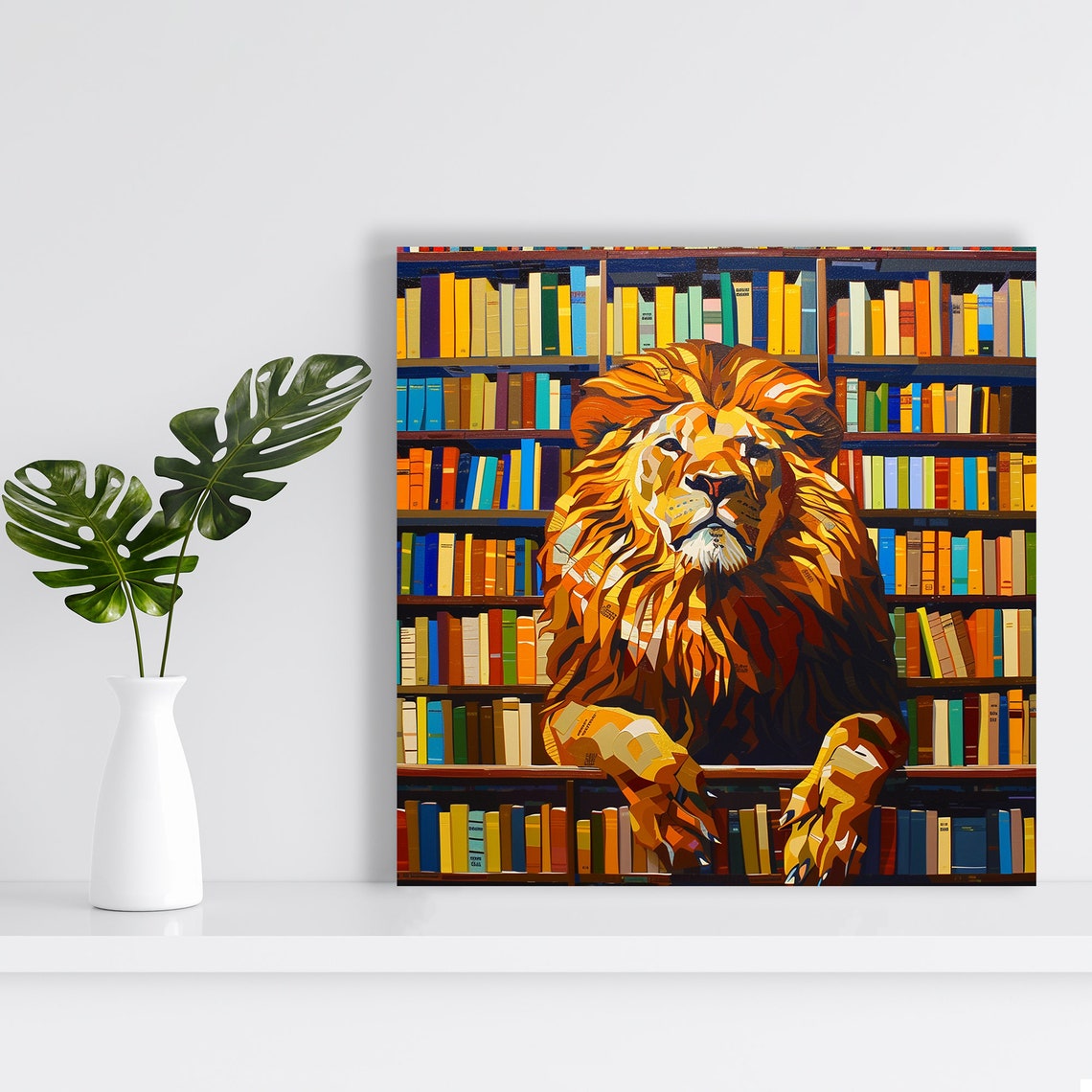 Majestic Lion in Library Among Colorful Bookshelves Wall Art - Image 2