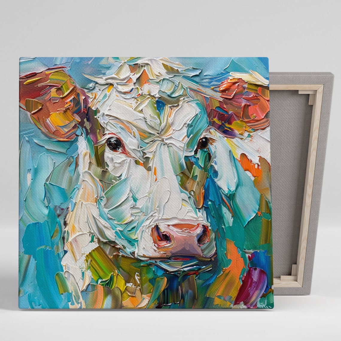 Colorful Impasto Cow Face Turquoise Orange Textured Modern Farm Poster