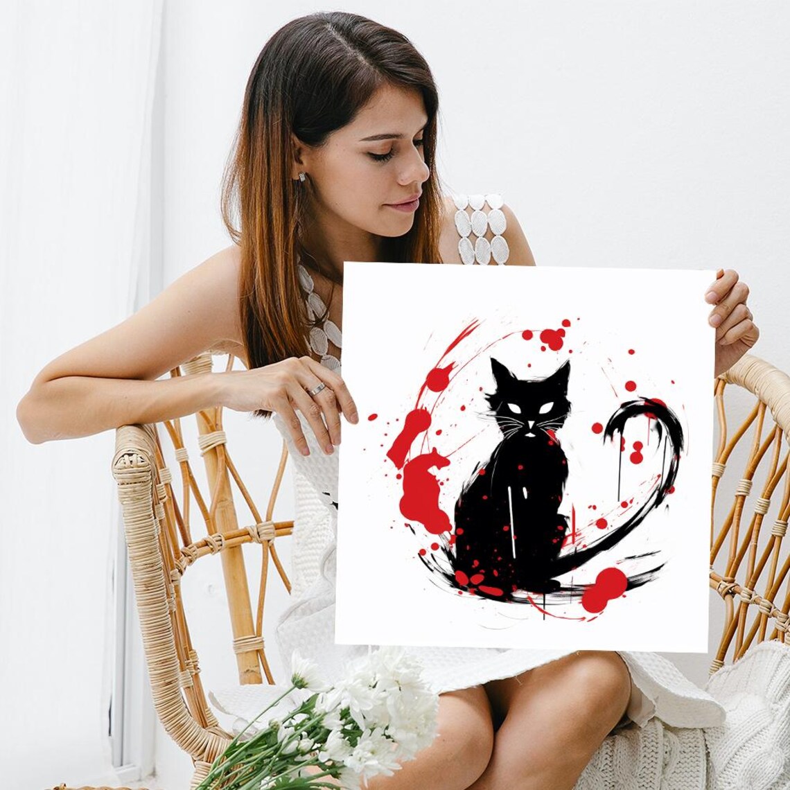 Black Cat Silhouette With Red Paint Splatter Gothic Ink Art Poster - Image 3