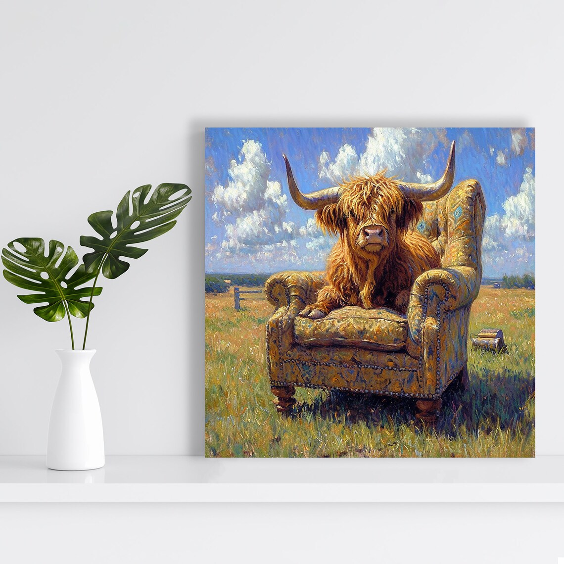 Highland Cow Sitting on Vintage Armchair in Sunny Field Poster - Image 2