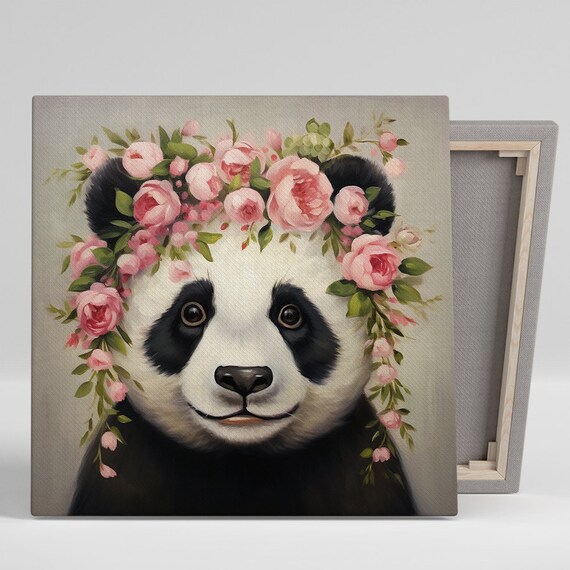 Panda With Pink Floral Crown Poster Cute Baby Panda Roses Nursery Wall Art