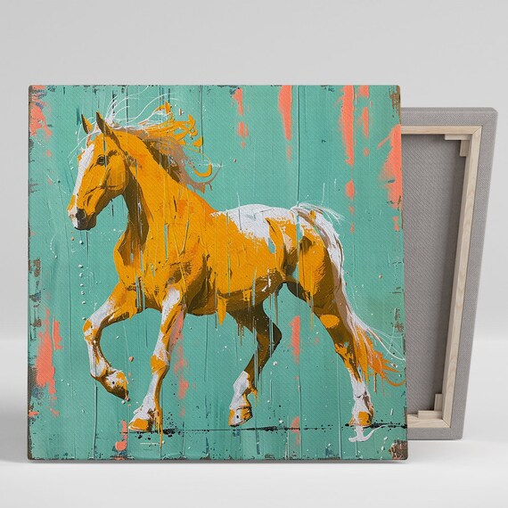 Golden Horse Galloping Poster Teal Splash Dynamic Equine Decor