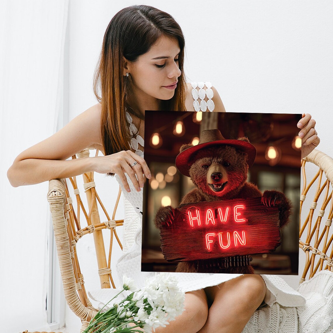 Neon Have Fun Sign Smiling Cowboy Bear Bar Room Funny Animal Poster - Image 3