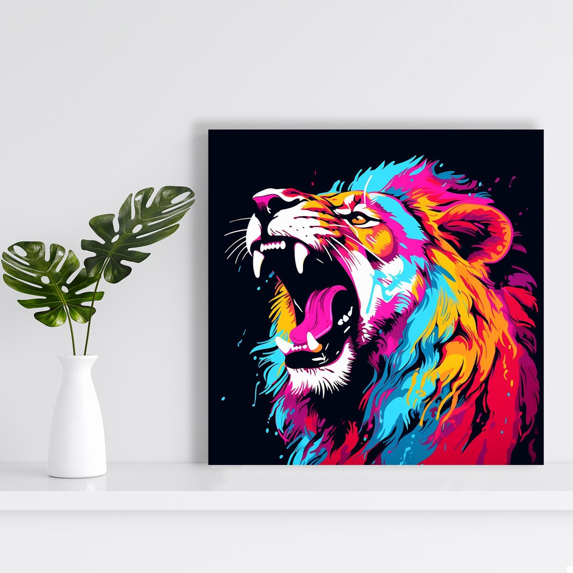 Roaring Lion Neon Pop Style Vivid Pink Blue Mane Wild Animal Poster - Image 2