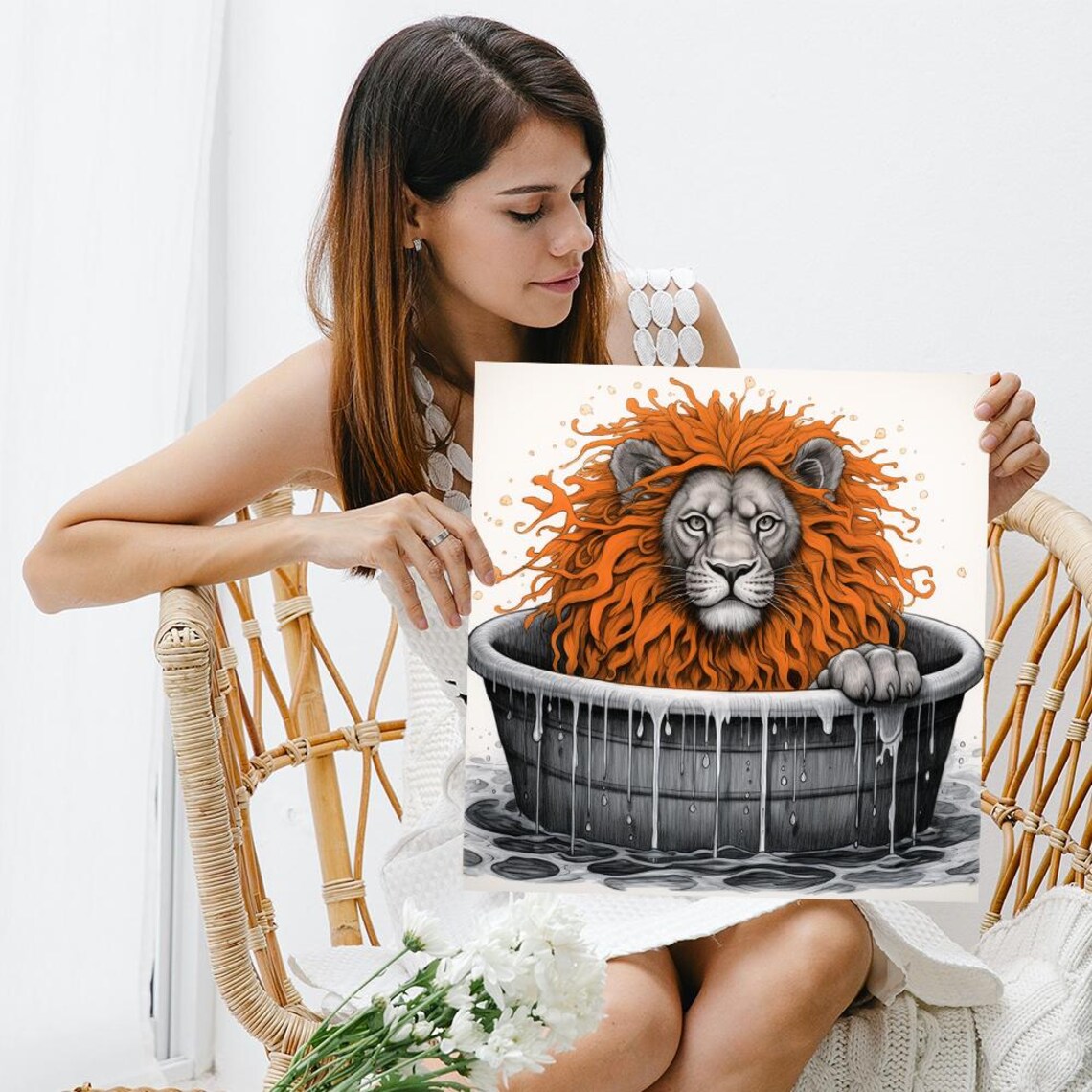 Lion Bathing in Metal Tub Orange Mane Whimsical Animal Bathroom Poster - Image 3