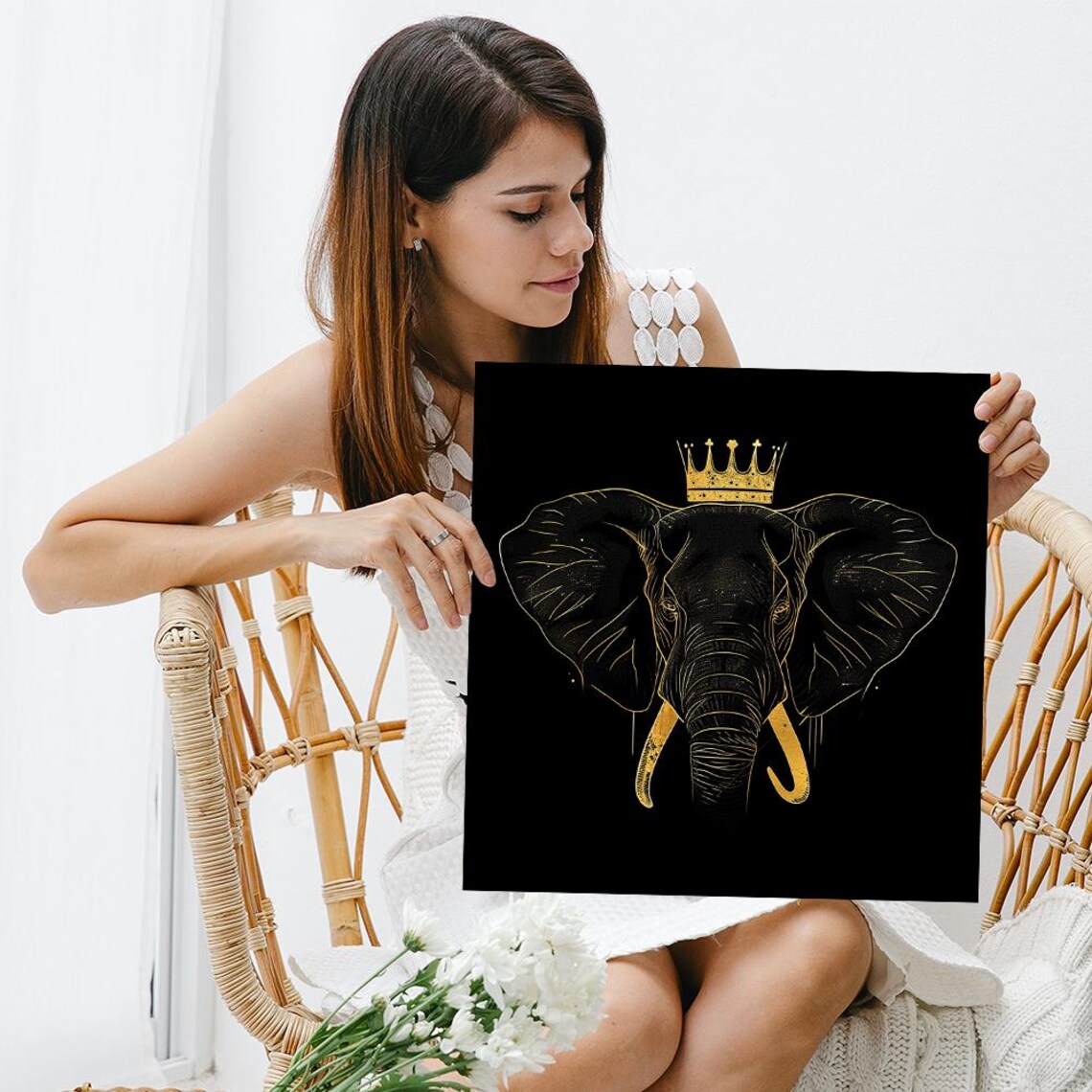 Regal Elephant Wearing Golden Crown Luxury Gold Line Art Poster - Image 3