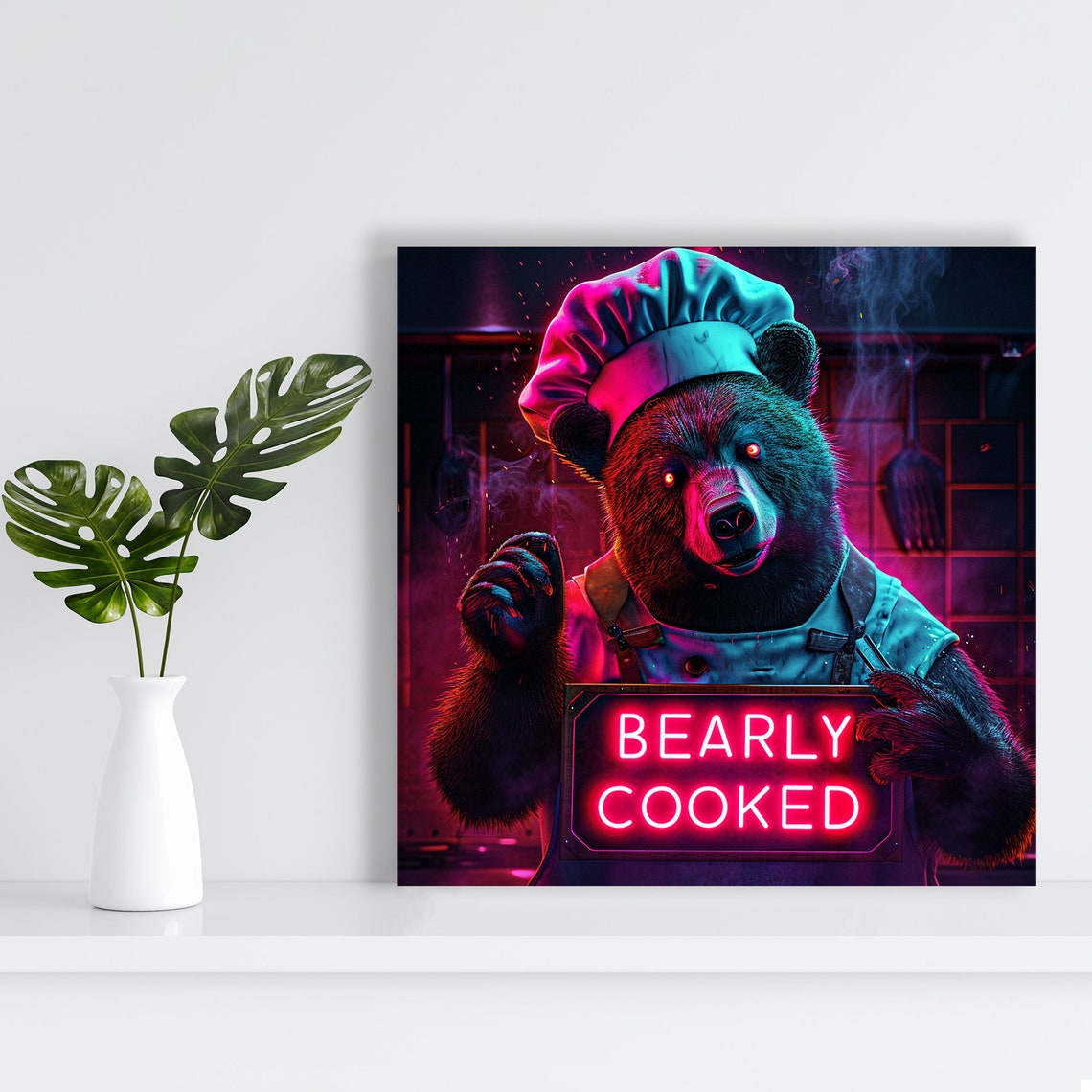 Neon Chef Bear Bearly Cooked Sign Pop Art Pink Blue Kitchen Poster - Image 2