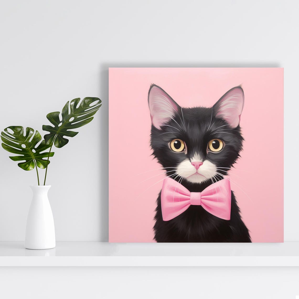 Dapper Black Cat Pink Bow Tie Cute Nursery Kitten Portrait Art Poster - Image 2