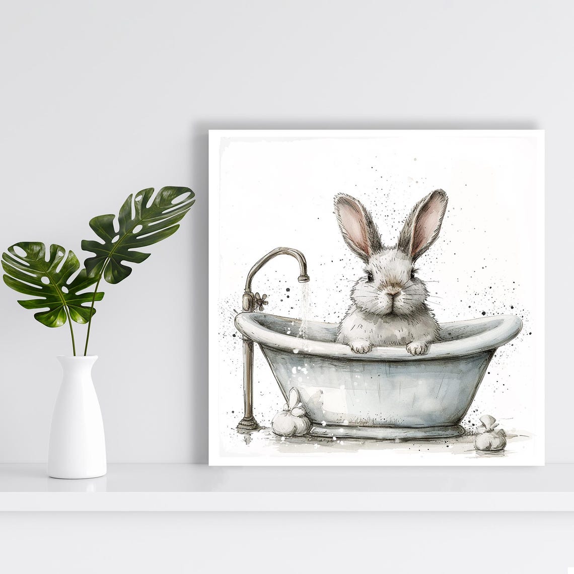 Bunny Bathtub Soak Cute Watercolor Farmhouse Nursery Animal Poster - Image 2