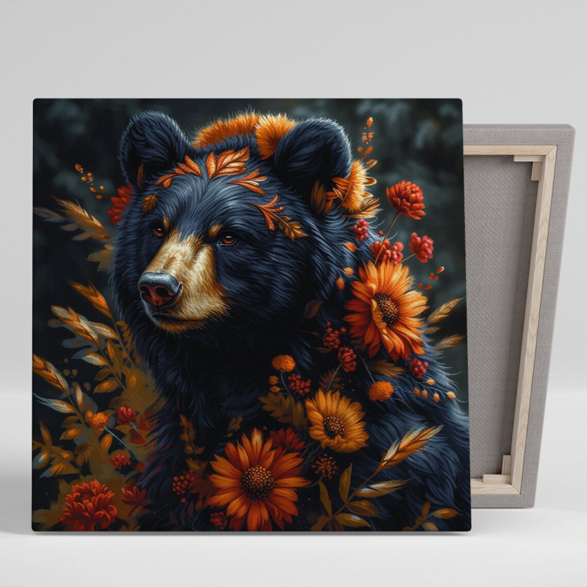 Black Bear Autumn Floral Portrait Orange Blossom Wildlife Poster