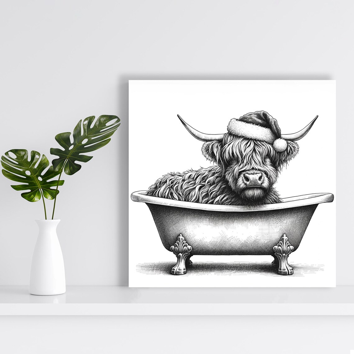 Christmas Highland Cow in Bathtub, Bathroom Art Print - Image 2