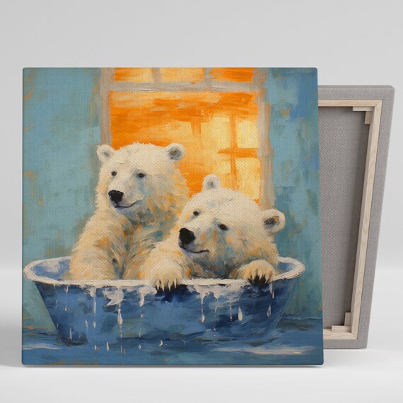 Two Polar Bear Cubs Splashing in Blue Bubble Bath Tub Cozy Wall Art