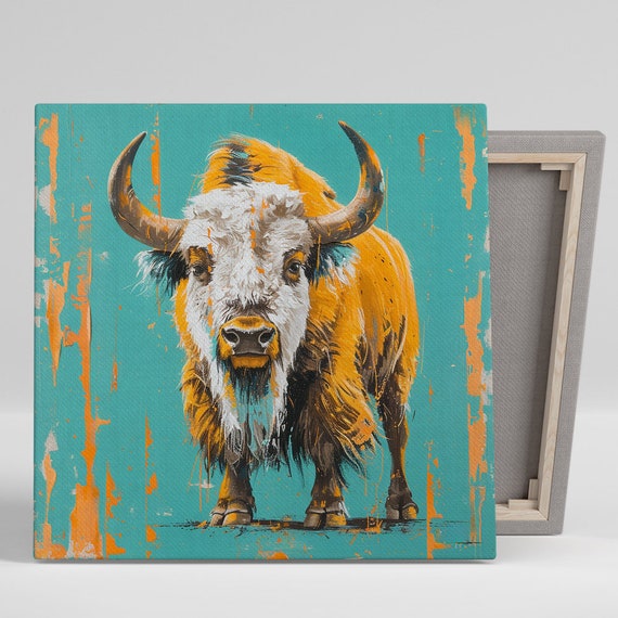 Highland Cow Art Or Poster Rustic Modern Decor Living Room Office Dining Room Office Wall Art Yellow Teal White Bold Portrait