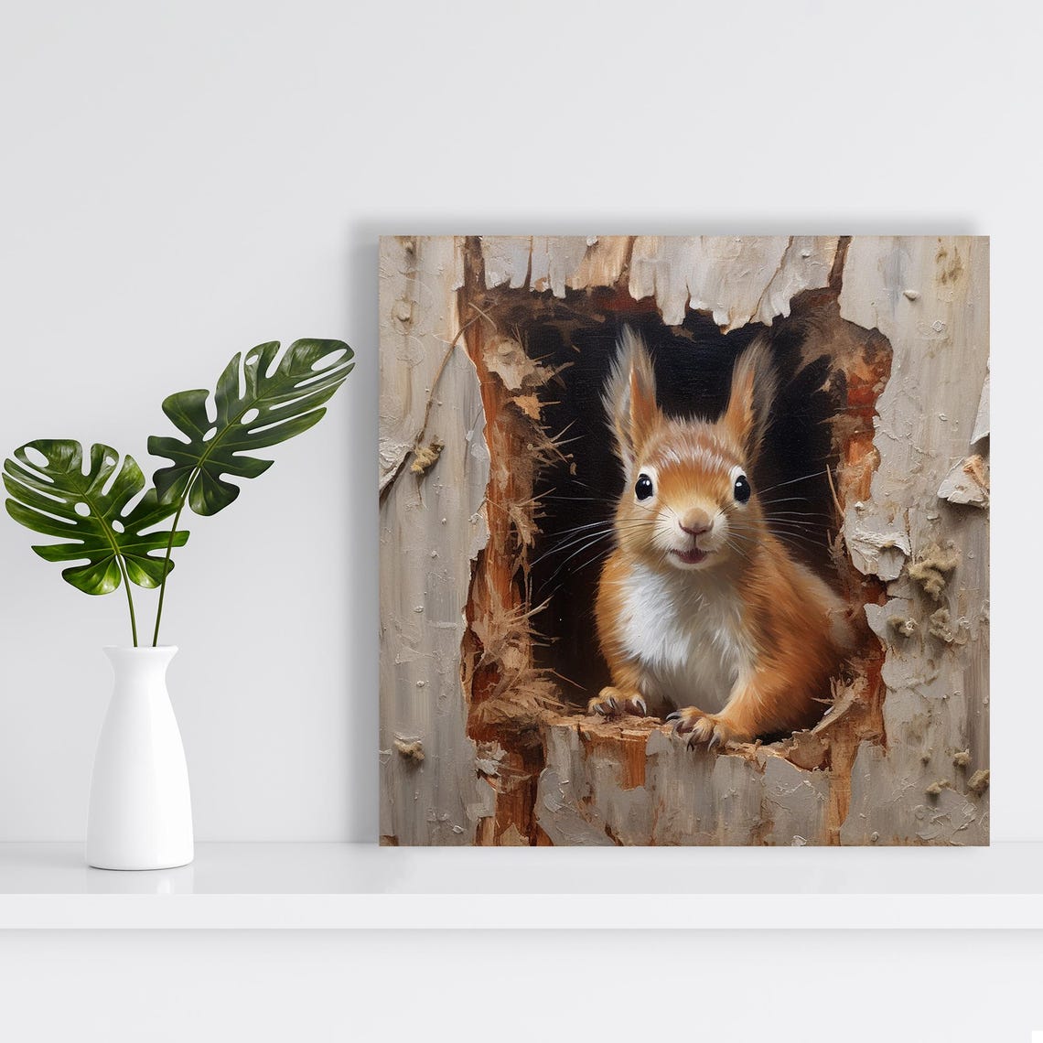 Curious Red Squirrel Peeking From Tree Hollow Nature Painting Poster - Image 2