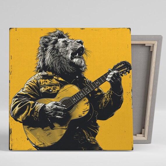 Lion Rock Star Singing Guitar Vintage Black Gold Music Poster