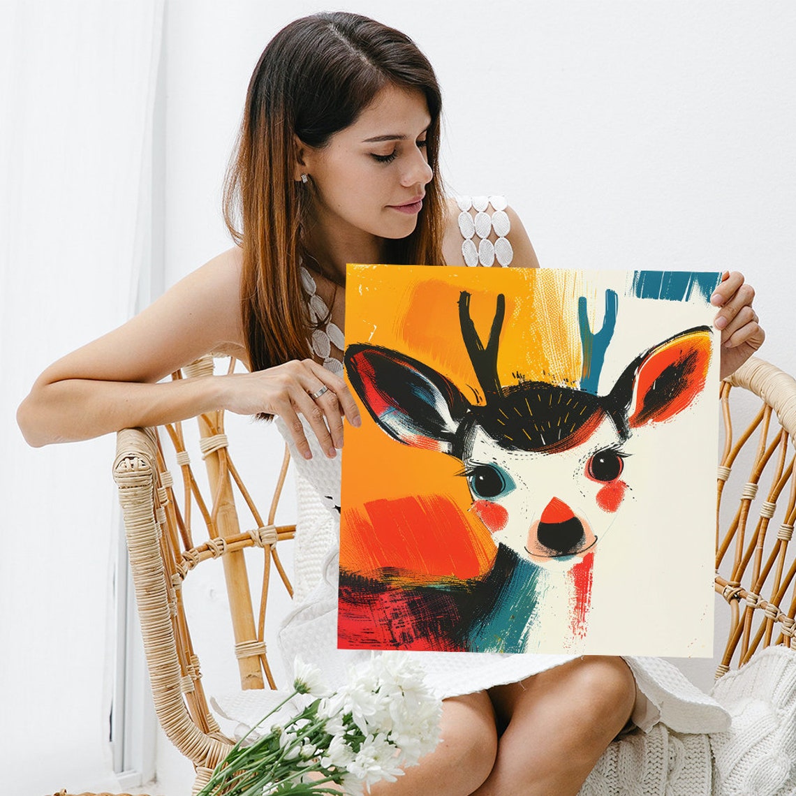 Cute Deer Small Antlers Bright Orange Teal Whimsical Art Poster - Image 3