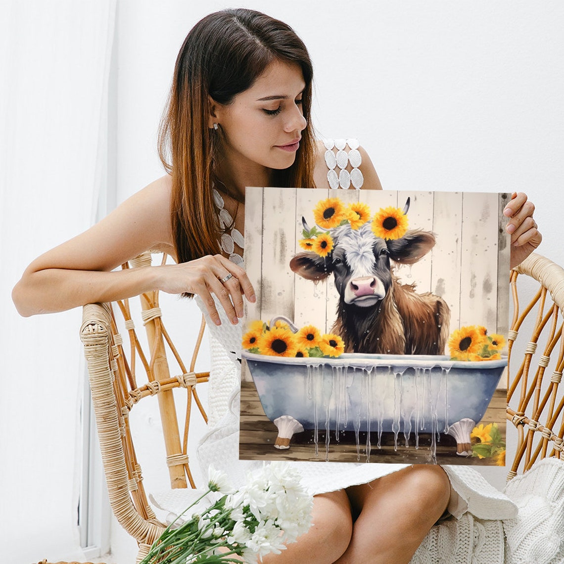 Highland Cow Bathing With Sunflowers Bathtub Rustic Farmhouse Poster - Image 3