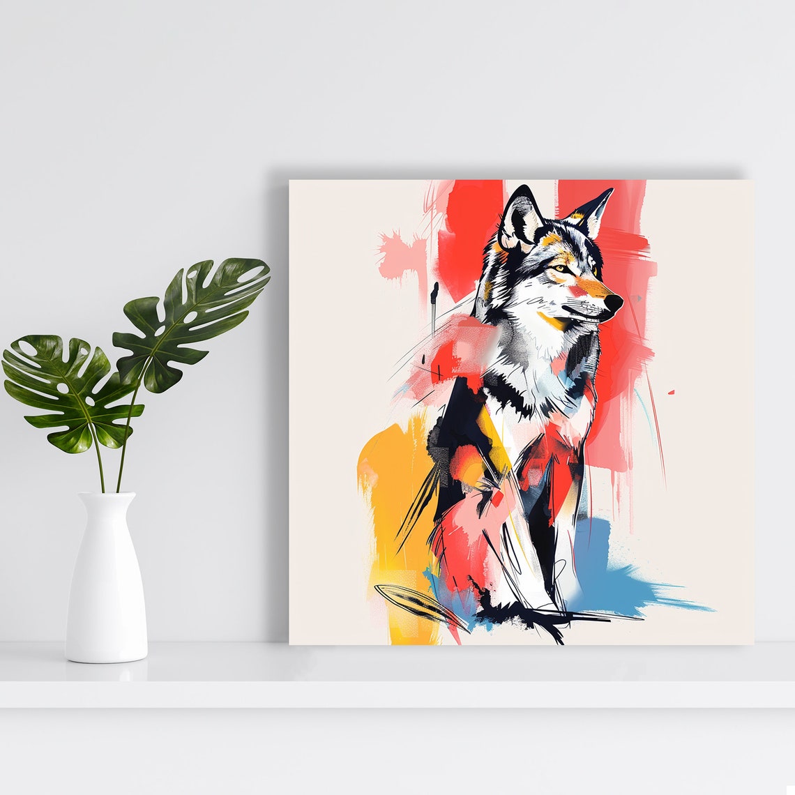 Wolf Head Abstract Watercolor Red Yellow Wild Animal Art Poster - Image 2