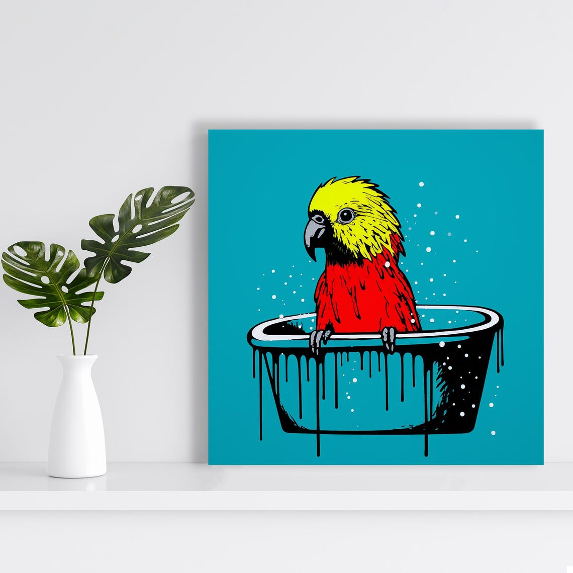 Bathing Parrot in Paint Tub Splash Pop Art Yellow Red Bird Poster - Image 2
