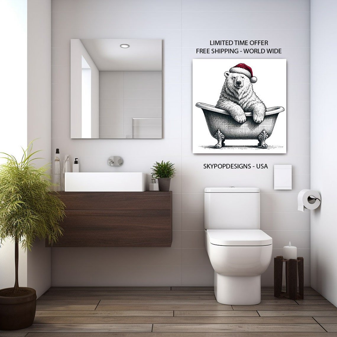 Polar Bear Santa Hat Vintage Bathtub Christmas Animal Sketch Poster - Image 2
