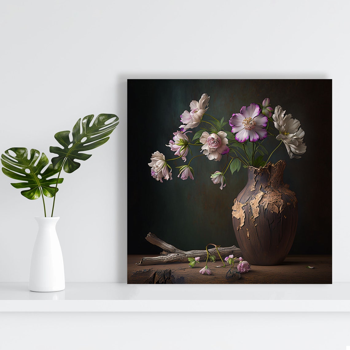 White Anemone Flowers Dark Rustic Vase Moody Floral Still Life Poster - Image 3