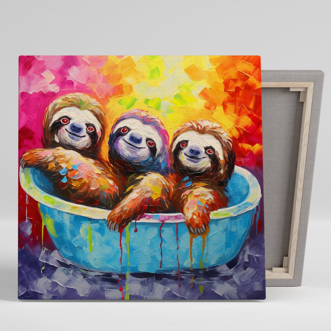 Three Happy Sloths in Blue Bowl Colorful Playful Painting Poster