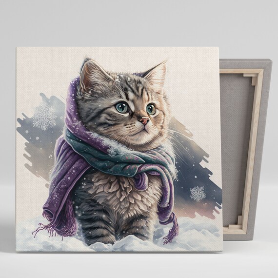 Watercolor Tabby Kitten In Snow With Purple Scarf Cute Winter Art Poster