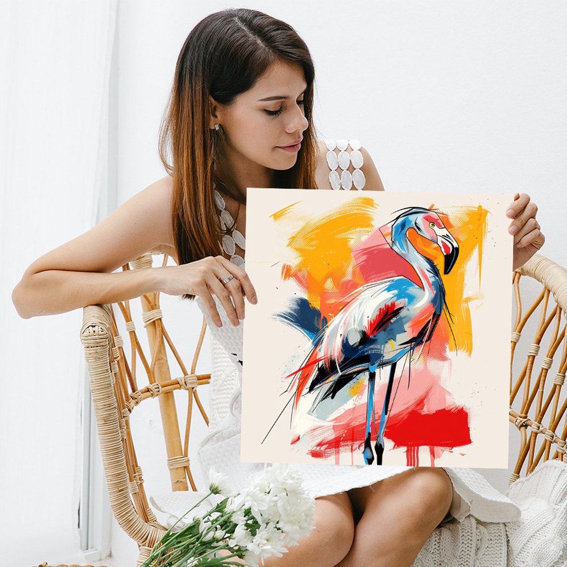 Abstract Flamingo Brushstroke Blue Red Yellow Modern Bird Wall Poster - Image 3