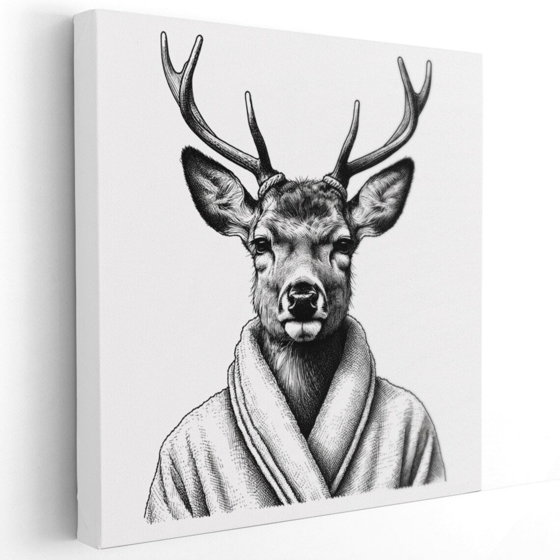 Deer With Antlers Wearing A Bathrobe Black And White Engraving Style Poster - Image 3