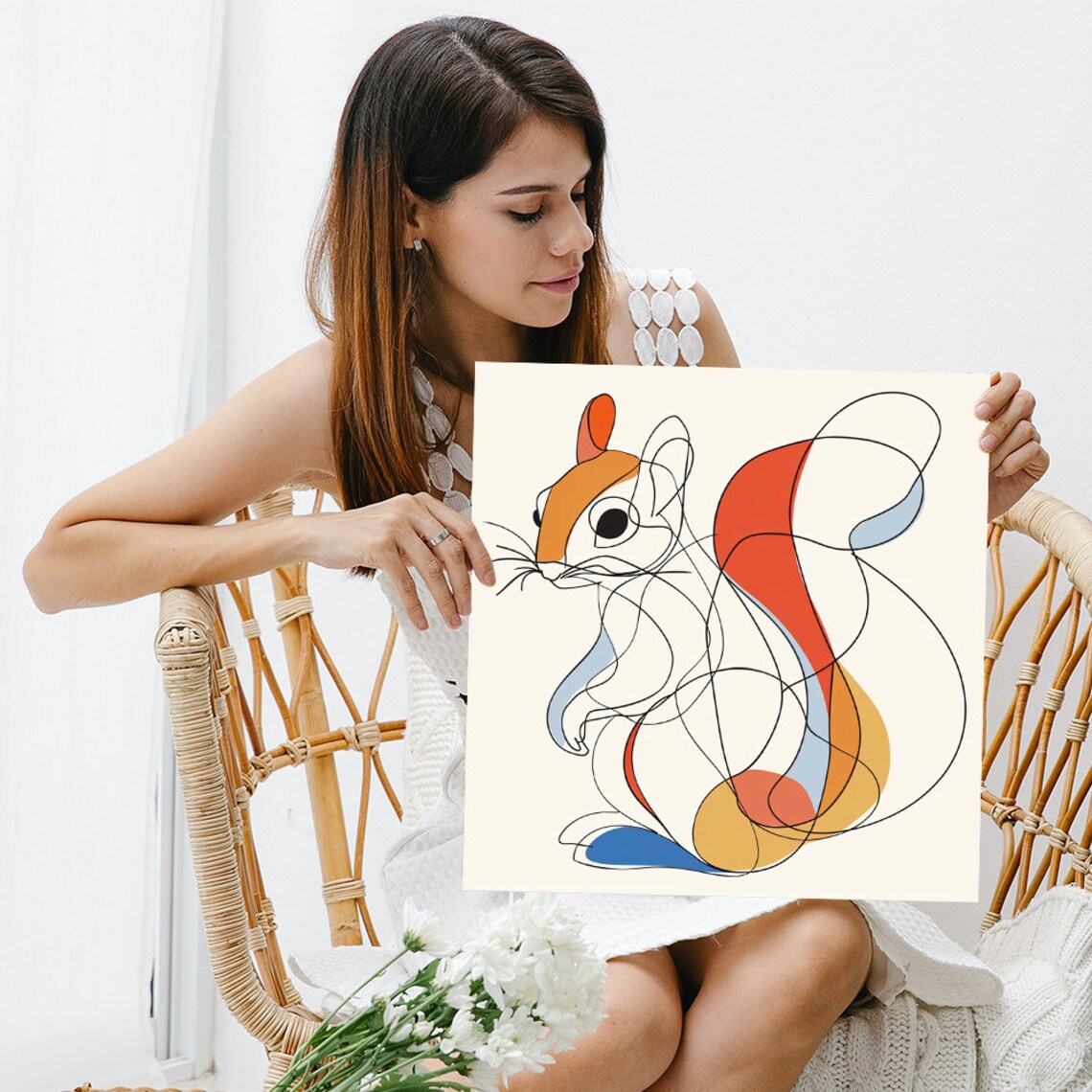 Squirrel Line Drawing Abstract Minimalist Orange Blue Color Block Poster - Image 3