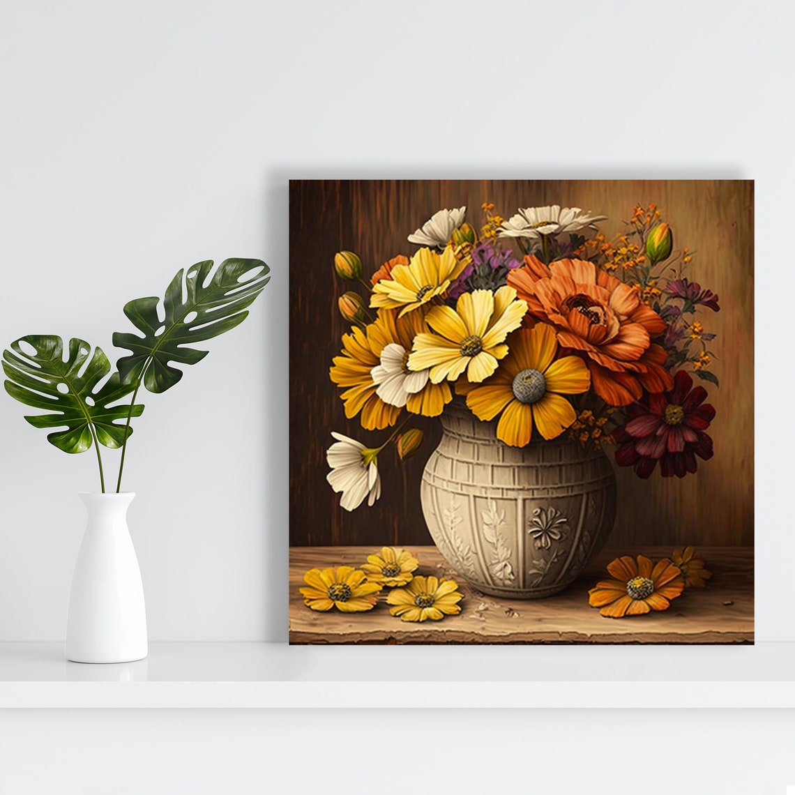 Golden Daisy Bouquet White Ceramic Vase Rustic Warm Floral Poster - Image 3